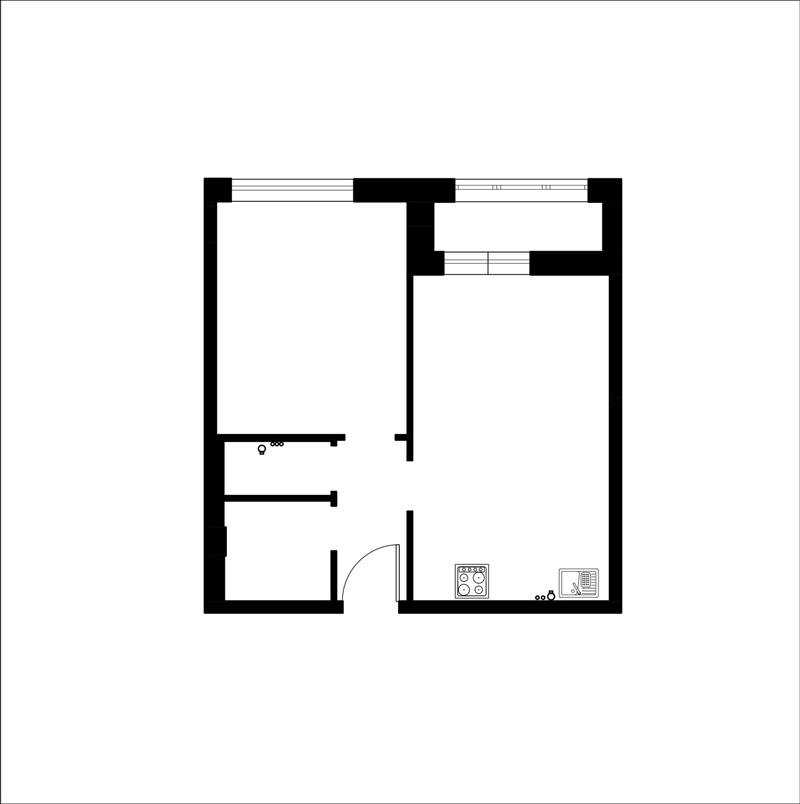 Plan keuken-woonkamer zonder raam naar herontwikkeling