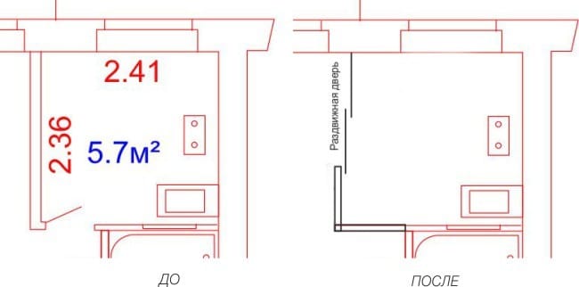 Кухиња 5,7 м2 са клизним вратима - план кухиње пре и после поправке