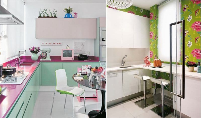 Kombinácia ružovej a zelenej v interiéri kuchyne