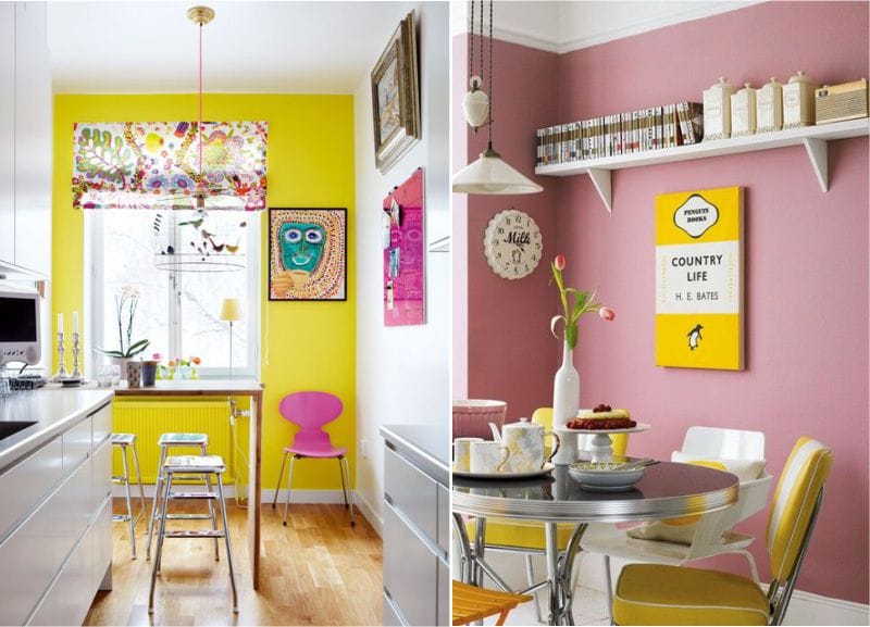 Kombinácia žltej a ružovej vo vnútri kuchyne