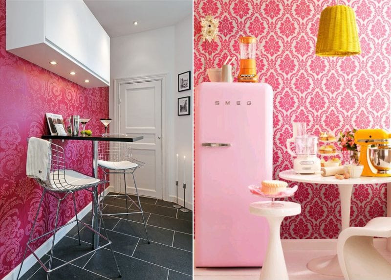 Ružové tapety v interiéri kuchyne