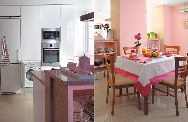 Biela a ružová kuchyňa