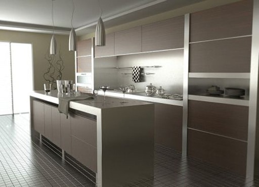 Moderna kuhinja sivo-bež senco primerna za notranjost v stilu Art Nouveau in visokotehnoloških