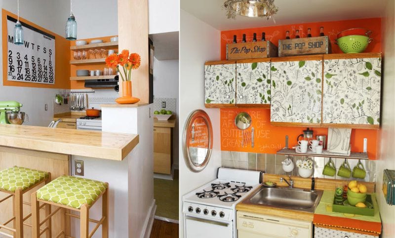Зелена кухня с оранжеви акценти