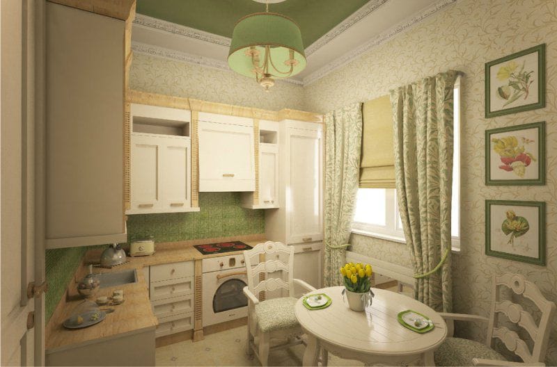 Vaaleanvihreä taustakuva keittiön sisätiloissa